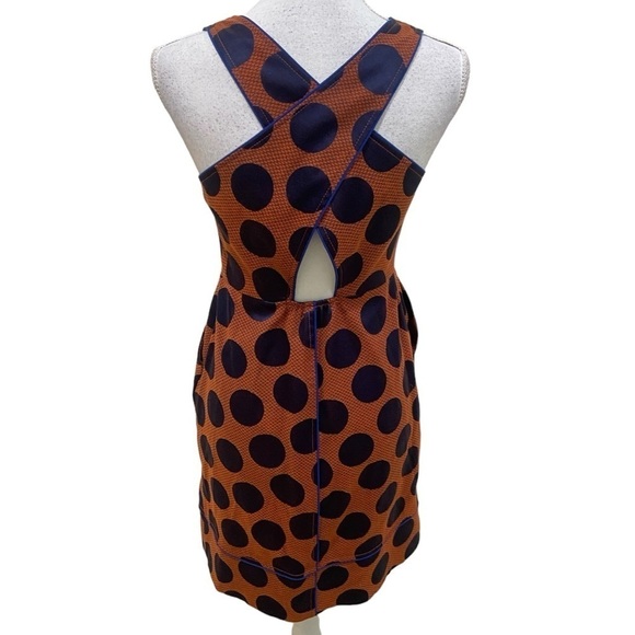 Maeve navy & rust dot sleeveless dress lined cross open back trim side zip sz 2 - Picture 3 of 13